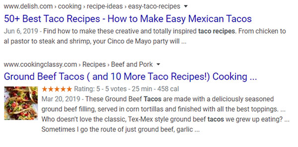 Due esempi di risultati di ricerca per ricette di taco uno con un'immagine e uno senza
