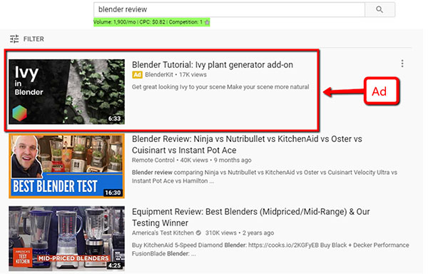Esempio di annuncio di scoperta sulla homepage di Youtube per BlenderKit
