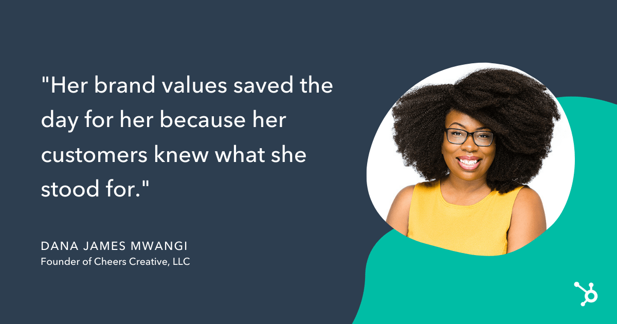 Citazione di Dana James Mwangi, i valori del suo marchio le hanno salvato la giornata perché i suoi clienti sapevano cosa rappresentava