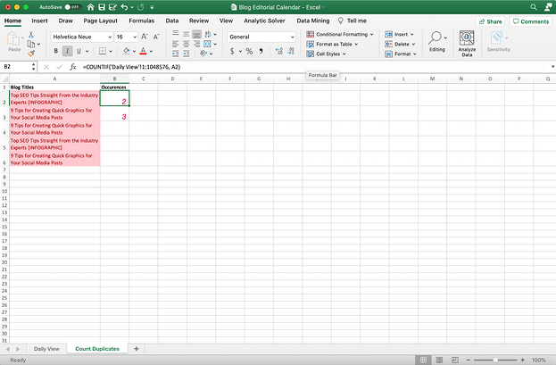 Documento Excel con una formula di conteggio.