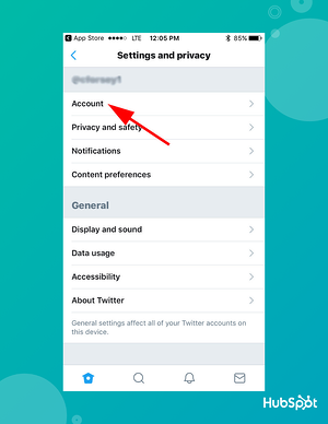 come cambiare l'handle di Twitter sull'app mobile: fare clic su account