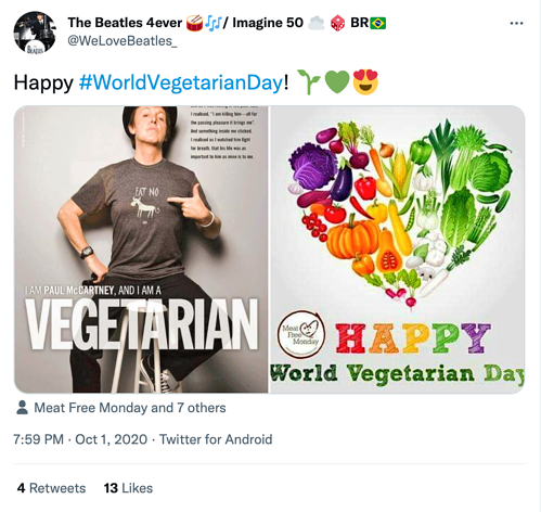 The Beatles 4ever Giornata mondiale vegetariana Social Media Holiday Tweet