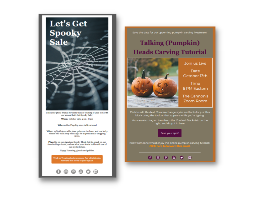 Screenshot di due modelli di email a tema Halloween, entrambi con colori festivi e progettati per essere annunci o inviti di eventi.