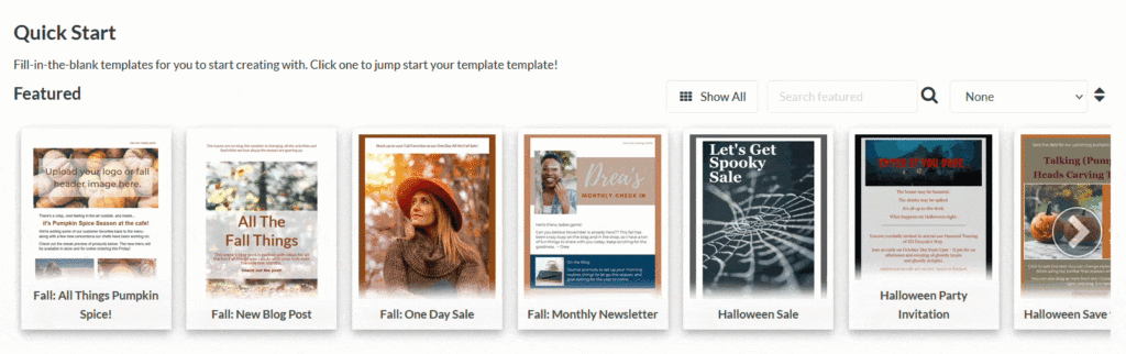 Screenshot che mostra i modelli di e-mail a tema Autunno e Halloween contrassegnati come In primo piano nella libreria dei modelli di avvio rapido.