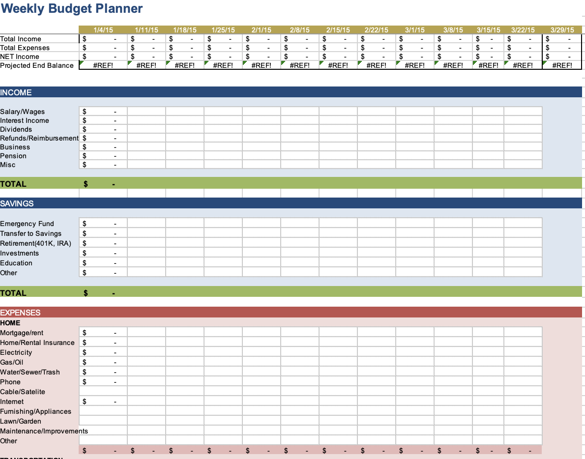 Pianificatore del budget settimanale per Microsoft Excel