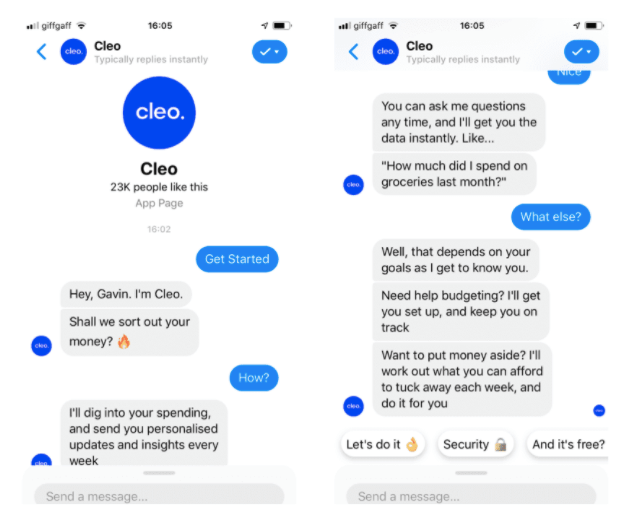 Esempio di personalizzazione fintech di Cleo AI