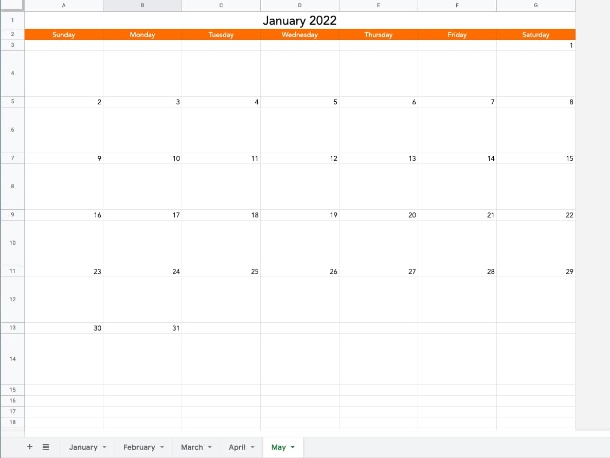 Calendario di Fogli Google da gennaio a maggio