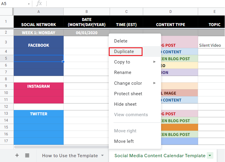 Modello di calendario dei contenuti dei social media: istruzioni su come copiare e personalizzare il foglio