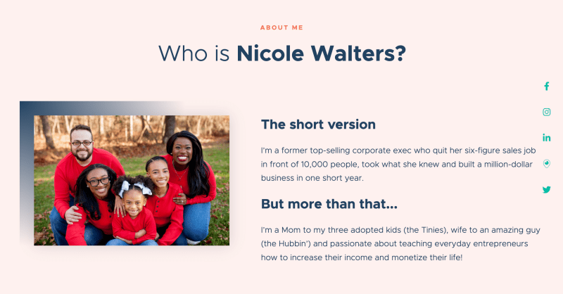 Voce del marchio Nicole Walters - screenshot della pagina Informazioni above the fold