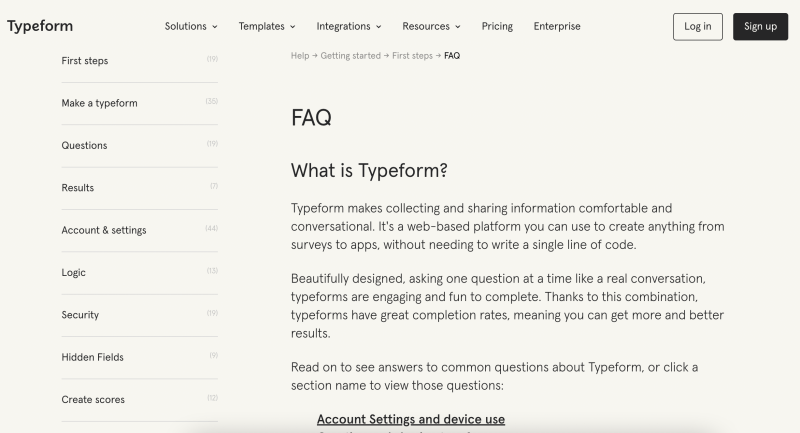 Voce del marchio Typeform - screenshot della pagina delle domande frequenti