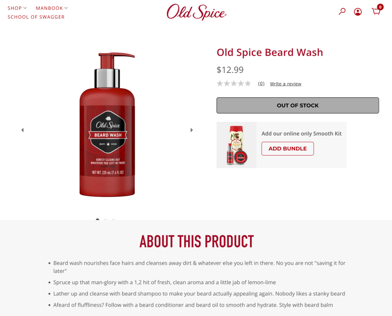 Voce del marchio Old Spice - screenshot della pagina del prodotto Foto del prodotto Beard Wash con descrizione