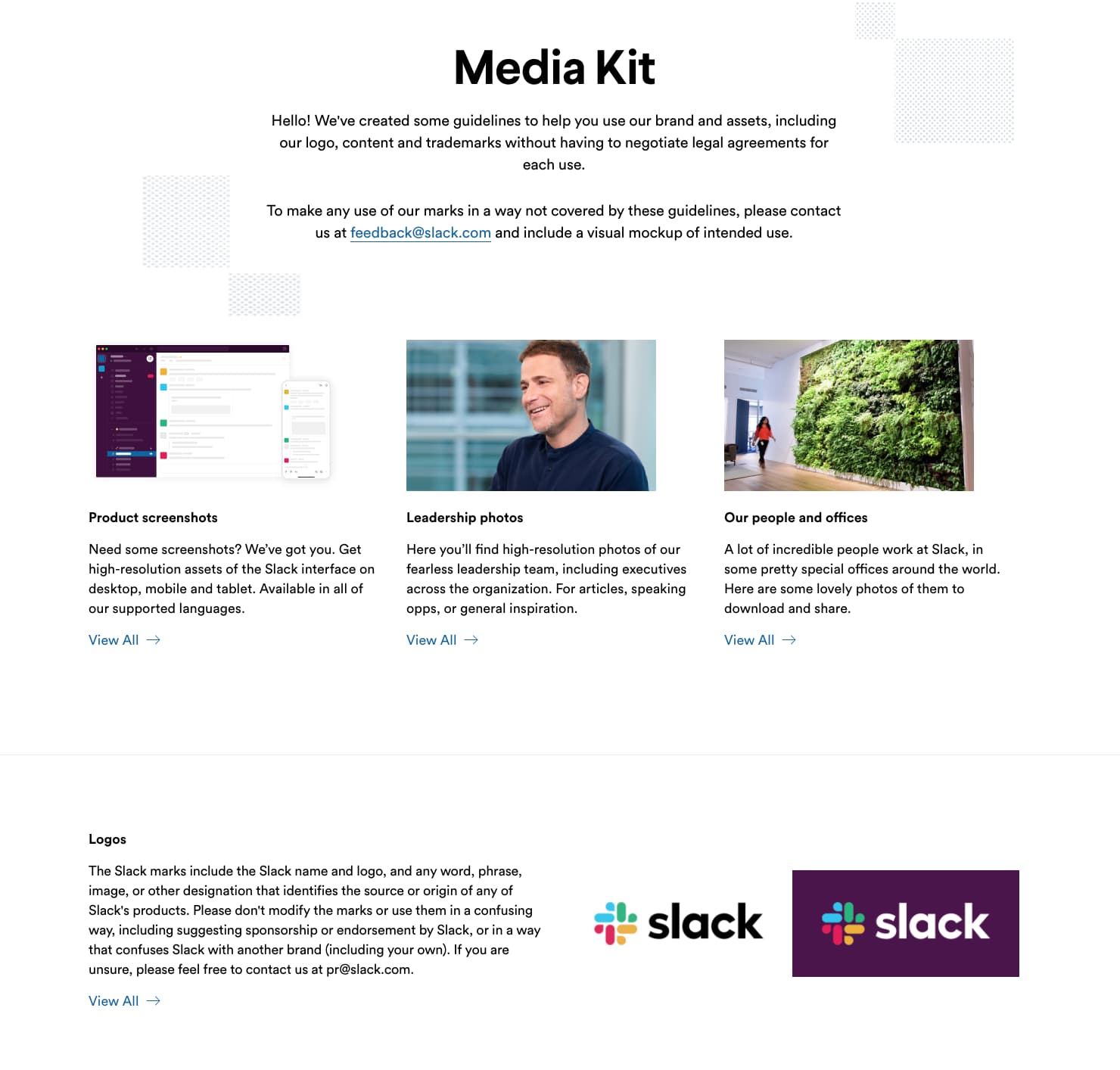 Indice dei contenuti del media kit del sito web slack