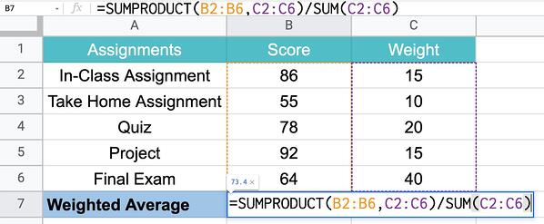 sumproduct per calcolare la media ponderata nel passaggio 2 di Excel