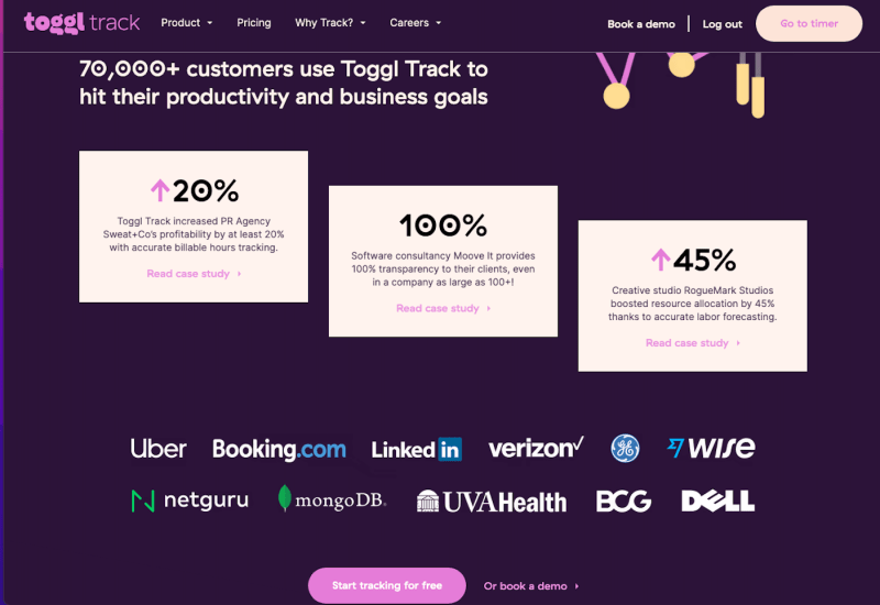 La pagina del prodotto di Toggl Track è un esempio di contenuto per un cliente consapevole del prodotto.  Include statistiche, clienti aiutati e icone di fiducia. 