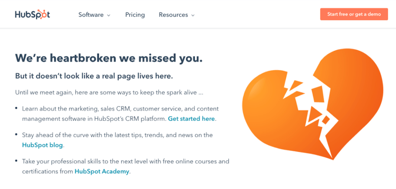 HubSpot offre tre opzioni su cui i visitatori possono fare clic quando atterrano sulla pagina 404. 