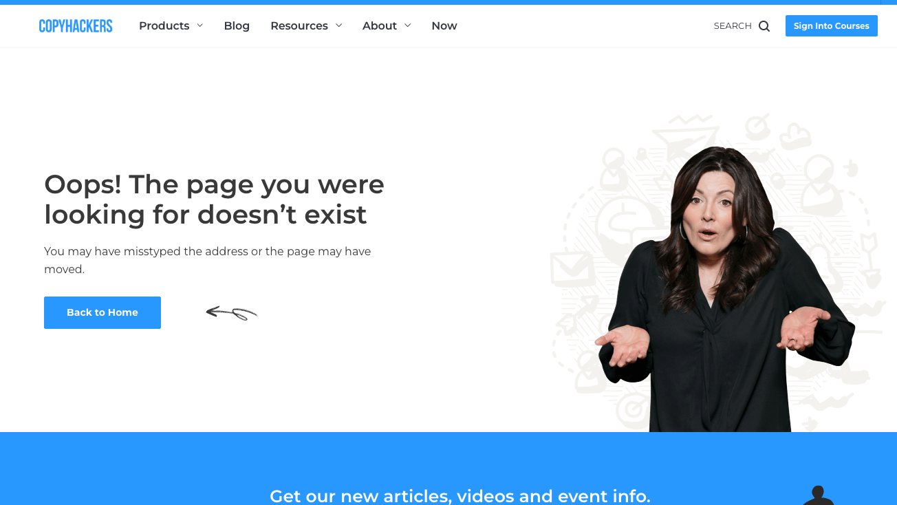 La pagina Copyhackers 404 presenta un semplice "tornare a casa" pulsante e i motivi per cui si è verificato l'errore 404.