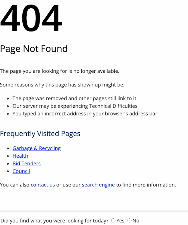 Un povero esempio di una pagina 404.  Questo sito Web include i motivi per cui si è verificato un errore 404 e collegamenti ad altre pagine. 