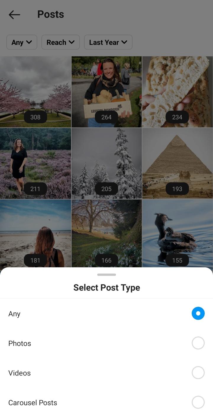 Ordinamento per tipo di post in Instagram Insights