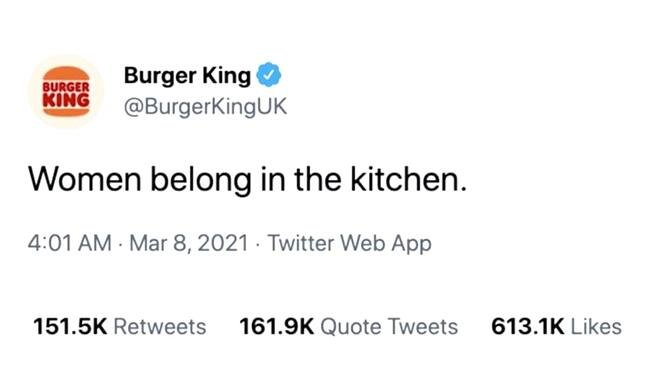 Cattiva etichetta sui social media: Tweet di Burger King "Le donne appartengono alla cucina".