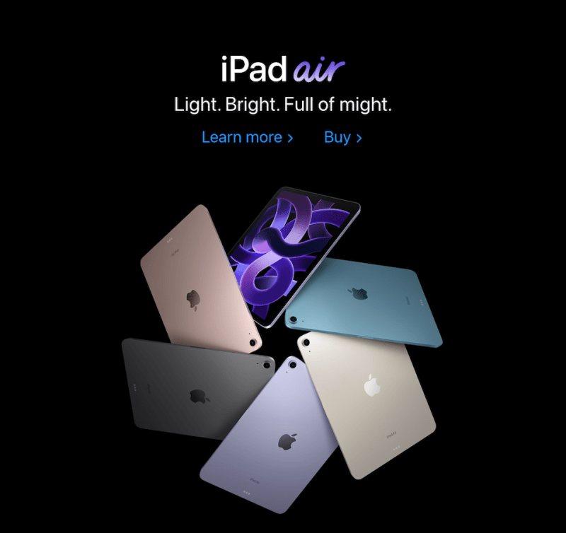 Apple utilizza uno dei dispositivi retorici menzionati nell'ebook dei copyhackers.  Il testo recita: iPad air.  Luce.  Luminosa.  Pieno di forza. 