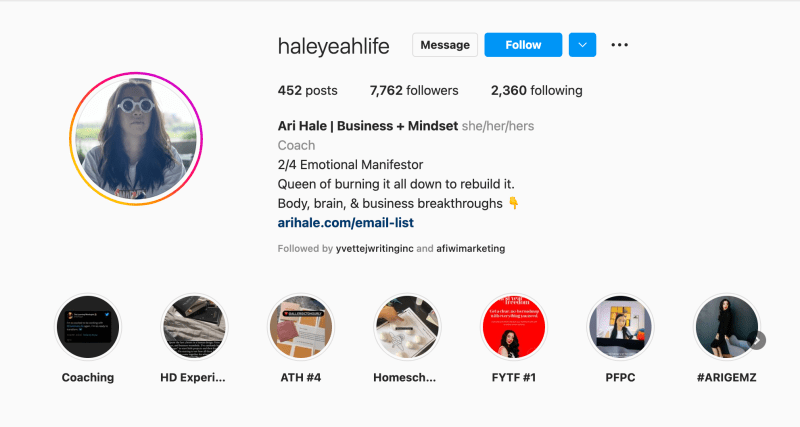 Profilo Instagram di Ari Hale - creazione di elenchi di e-mail