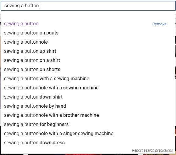risultati del suggerimento automatico di YouTube per "cucire un bottone"