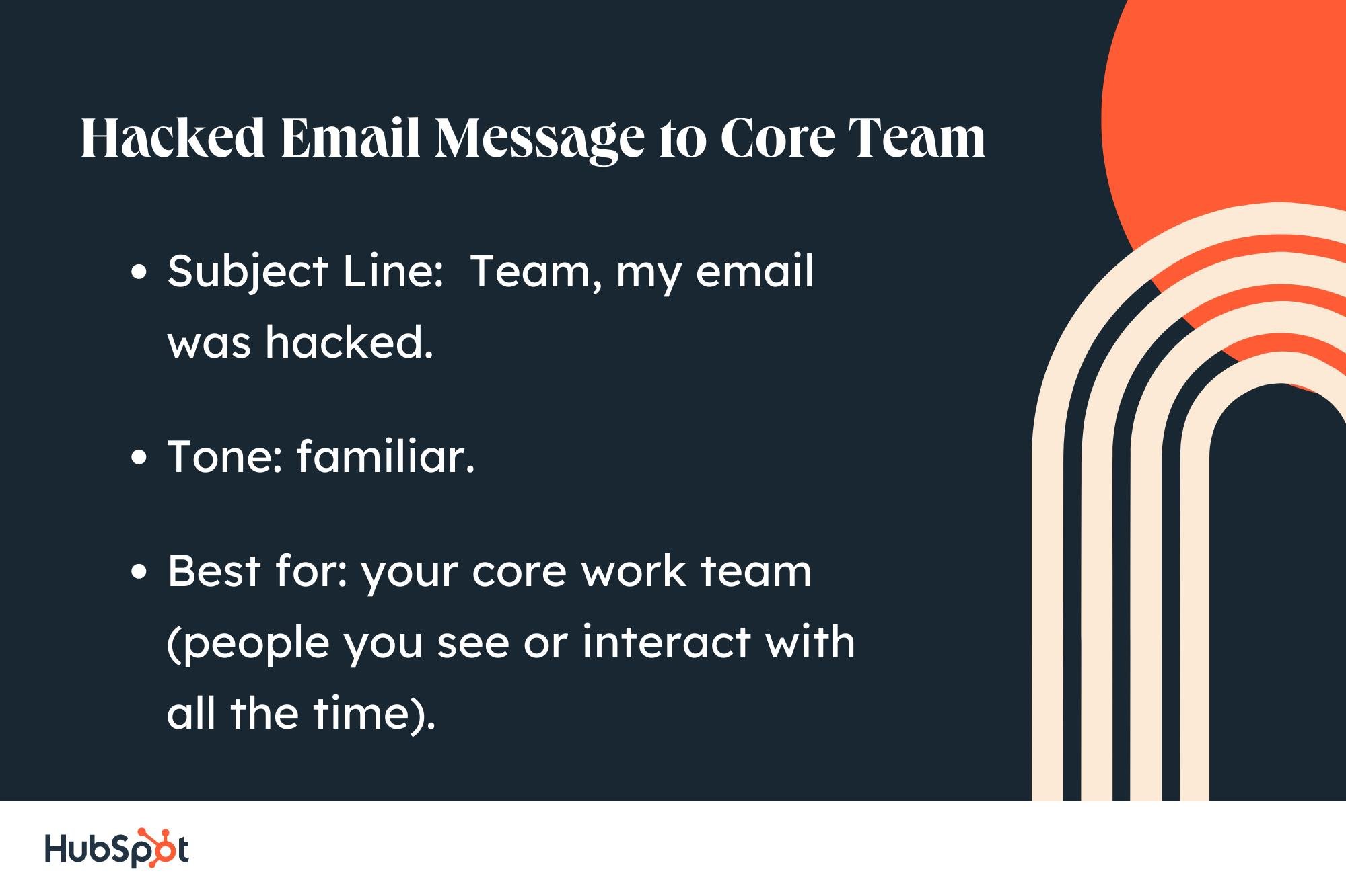 lettera di esempio per e-mail violata: riga dell'oggetto, Team, la mia e-mail è stata violata;  tono, familiare;  il meglio per il tuo team di lavoro principale.