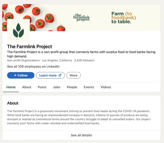 migliori pagine linkedin senza scopo di lucro: il profilo linkedin del progetto farmlink