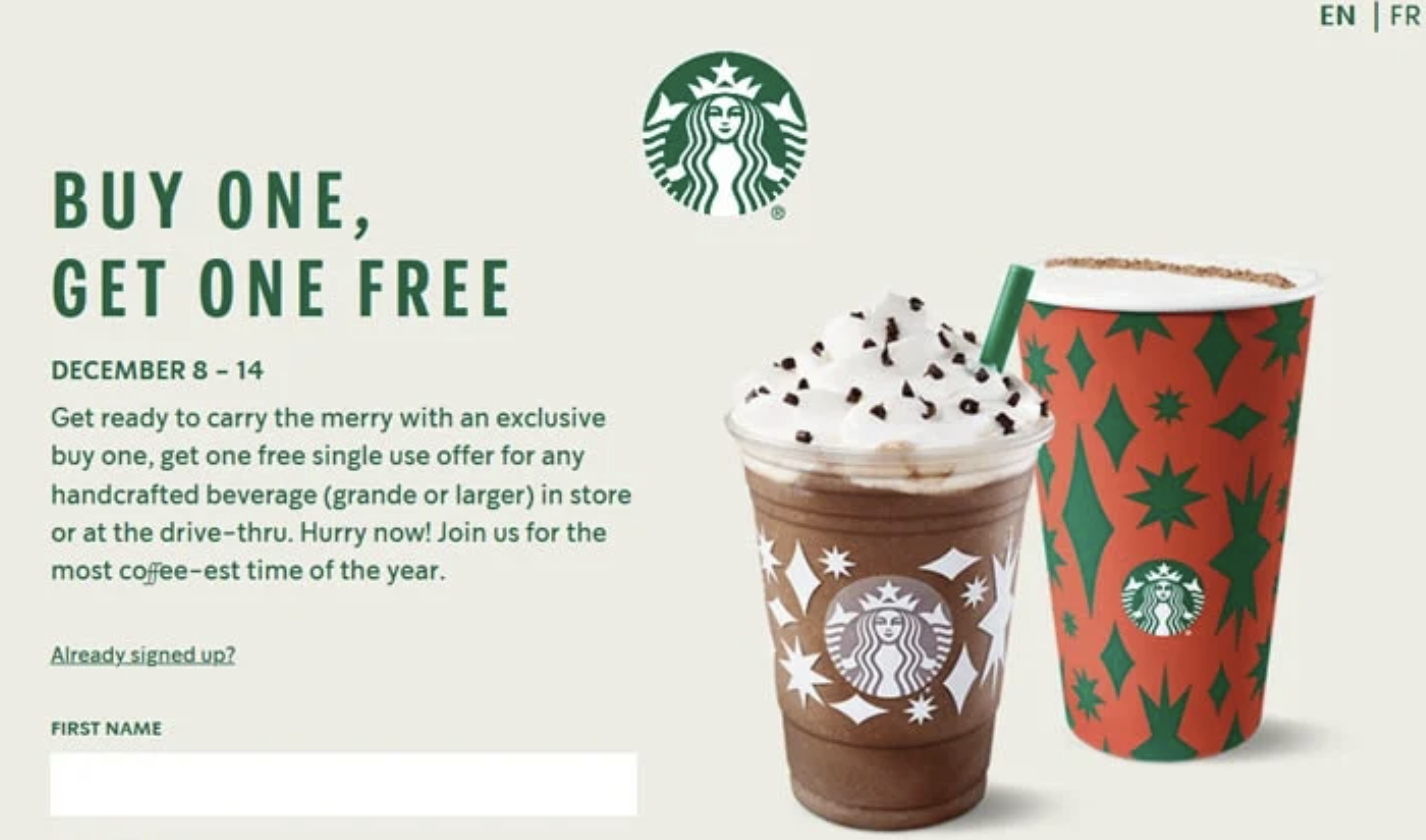 Holiday Buy-1-Get-1 giveaway su Starbucks