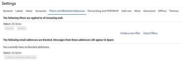 filtri gmail e pagina degli indirizzi bloccati