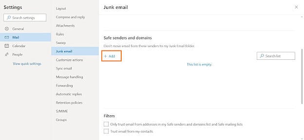 Outlook aggiunge mittenti e domini sicuri