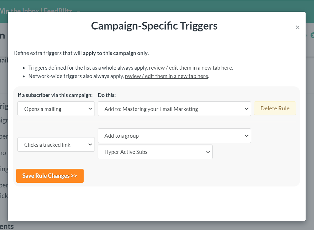 Uno screenshot di due diversi attivatori basati sulla campagna impostati per una campagna.