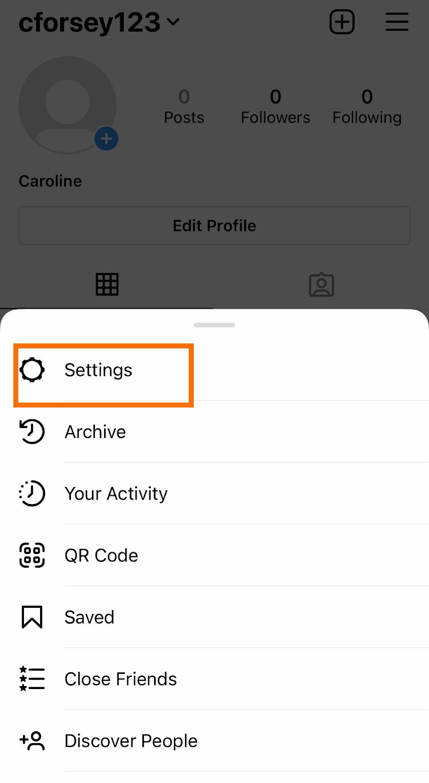 Fai clic su Impostazioni nella barra di navigazione scorrevole che appare sull'app di Instagram