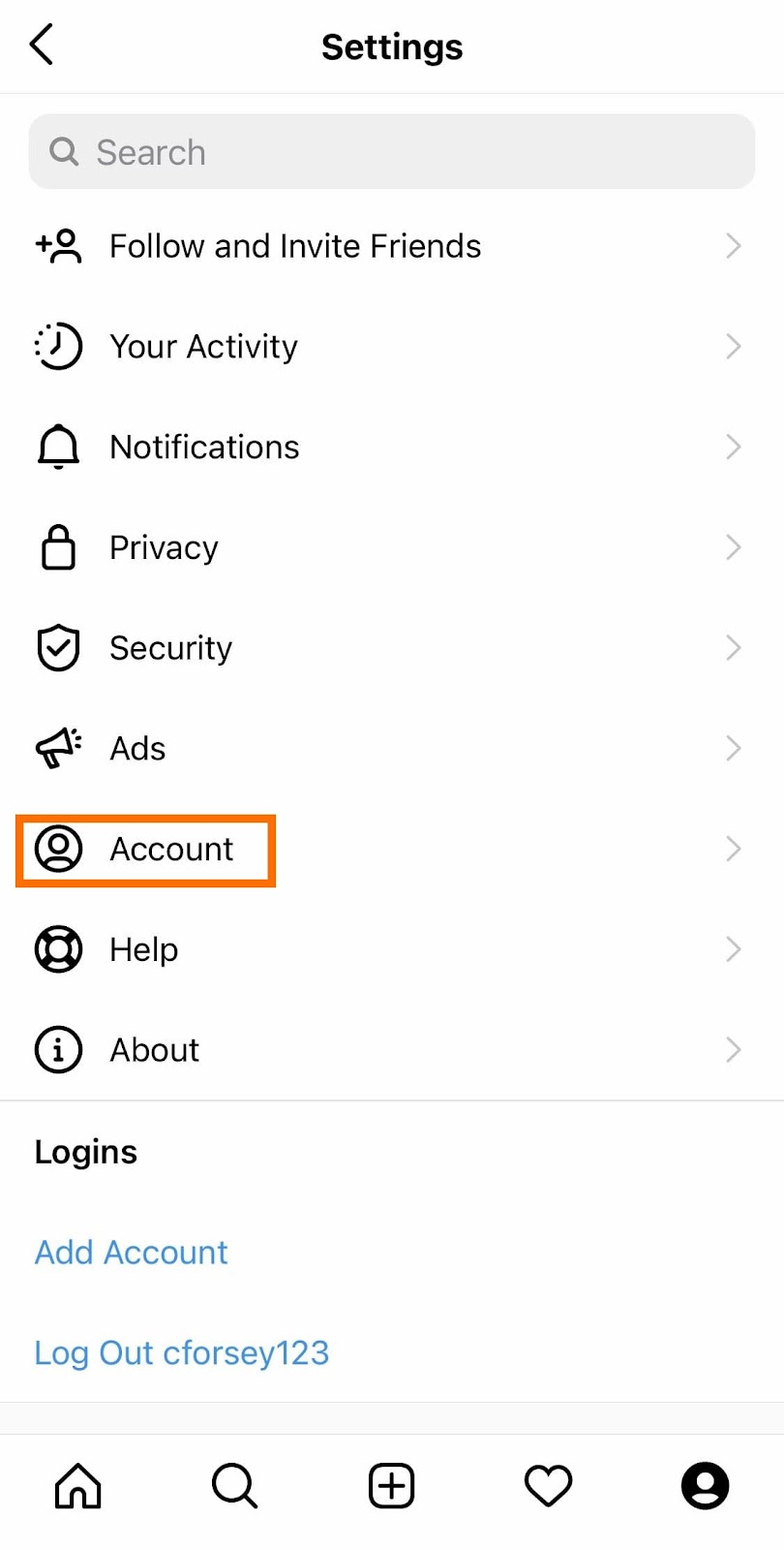 Il pulsante "Account" dalla barra di navigazione Impostazioni nell