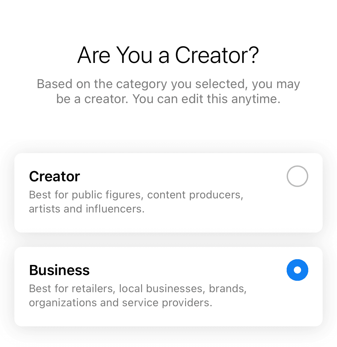Il "Sei un creatore?" CTA che compare su Instagram quando crei un account aziendale Instagram