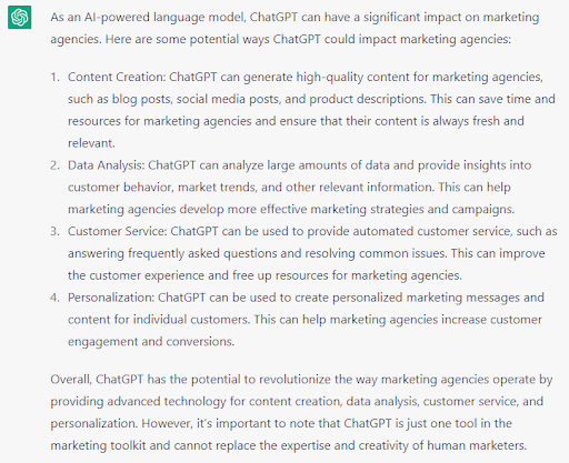 Una risposta di ChatGPT alla richiesta in che modo ChatGPT influirà sulle agenzie di marketing. 