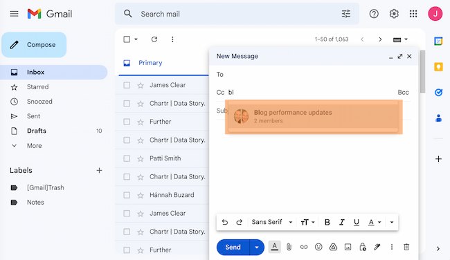 Come creare un'e-mail di gruppo nell'esempio di Gmail: selezionare il nome del gruppo