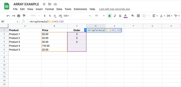 come utilizzare la formula di matrice nell'esempio di Google Sheets, passaggio 3: inserire la formula nella cella D1