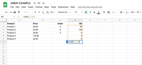 come utilizzare la formula di matrice nell'esempio di Google Sheets, passaggio 4: inserire la formula in D7